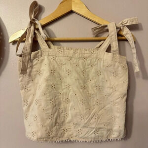 Aerie Tan Embroidered Eyelet Crop Top Tie Shoulder Size S